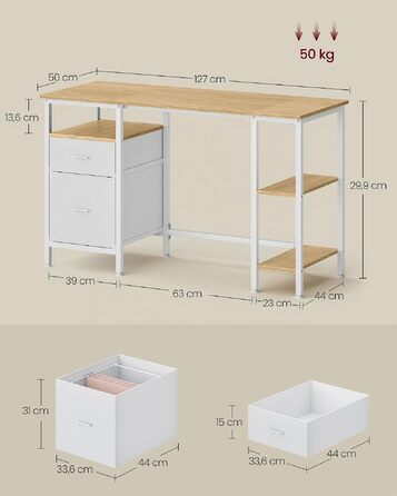Комп'ютерний стіл VASAGLE BARNET з 3 полицями та 2 шухлядами, 127 x 50 x 76 см, офісний стіл у сучасному стилі (Дуб натуральний/Білий матовий), LWD103YD01