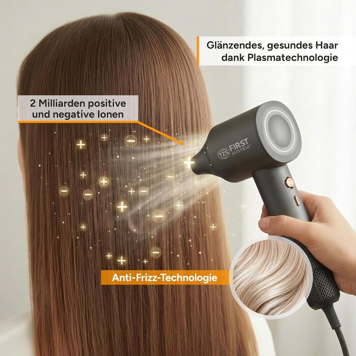 Фен First Austria Duo Sensor з плазмотехнологією: ультралегкий, тихий, 5 режимів, іонізація 110 000 U/min, насадка-концентратор