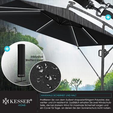 Парасолька для саду KESSER Holly з LED-підсвіткою, прямокутна, сонячна батарея, чорна, алюмінієва, водовідштовхувальна, з чохлом і фіксацією, діаметр 350 см, UV-захист, з ручкою-кривошипом і стійкою