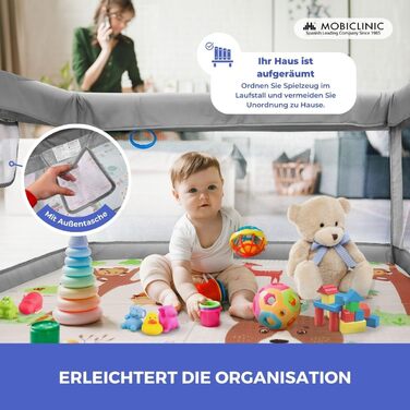 Дитячий манеж Mobiclinic Kids з ігровим килимком, складаний, 125x125 см, з бічним входом, сірий, дихаюча сітка, переносна сумка, без запаху, легко миється, безпечний