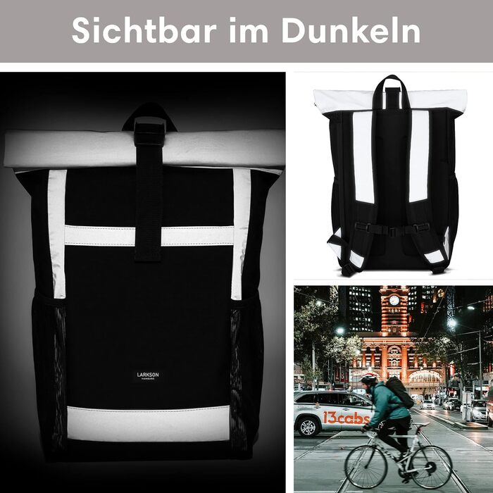 Жіночий рюкзак LARKSON Rolltop чорний, водовідштовхувальний, антивандальний, з відділенням для 16'' ноутбука, рефлективний, для школи, університету, велосипеда, робочий, екологічний