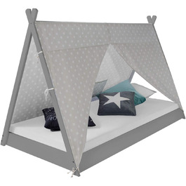 Дитяче ліжко Homestyle4u 90x200 см, тіпі, сіре-біле, зірки, дерев'яна сосна