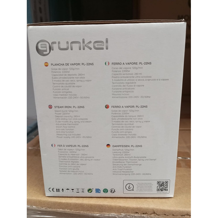 Grunkel праска 2200 Вт з антипригарною підошвою, регулюванням пари, захистом від протікання та крапель, 3 режими роботи