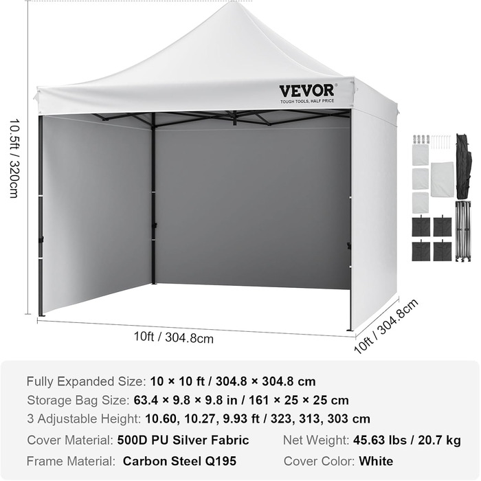 Павільйон VEVOR 305x305x320 см, садовий намет з 500D PU-срібним покриттям, складаний, регульований по висоті, з сумкою, білий, для вечірок і кемпінгу, 6-8 осіб