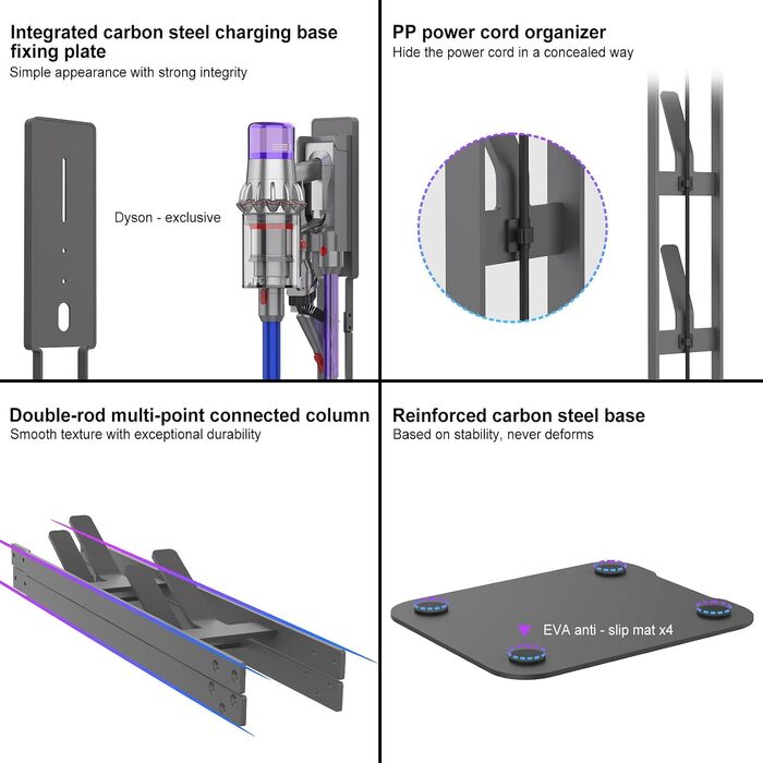Підставка для пилососа Dyson V15 V12 V11 V10 V8 V7 V6 та серії DC — Стійка для зберігання з вугільцевої сталі з антиковзаючим дизайном