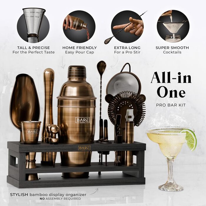 Набір для коктейлів BARE BARREL Mixology Barkeeper-Set, 16 предметів, з коблер-шейкером 24oz, аксесуарами для бару та картками рецептів, латунь/чорний