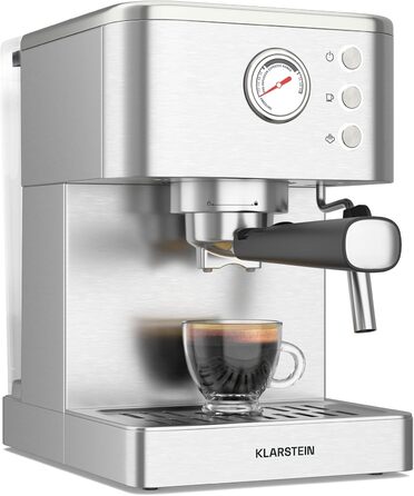 Klarstein SteelPresso Touch – кавомашина еспресо, 1350 Вт, нержавіюча сталь, 1,5 л, сенсорне управління, вбудований капучинатор, компактний дизайн