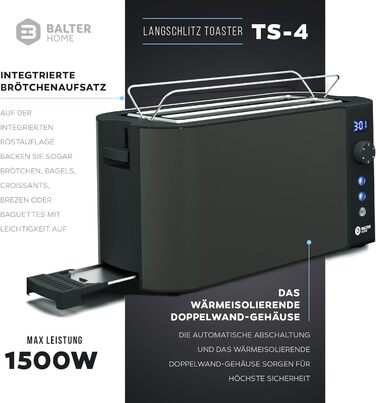 Тостер Balter TS-04-LCD на 4 тости, довгий слот, нержавіюча сталь, підставка для булочок, LCD-дисплей з таймером, функція розморожування, автоматичне центрування хліба, висувний піддон для крихт, чорний
