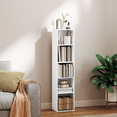 Стелаж для книг, 5 відділень, регульовані полиці, дерево, 30 x 24 x 133,5 см, білий