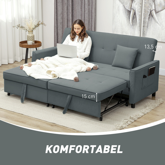 Диван-ліжко HOMCOM, трансформується, 3-місний, з функцією ліжка, розкладний диван, з подушками, сірого кольору