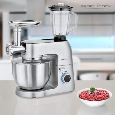 Планетарний міксер ProfiCook PC-KM 1189 3в1, м’ясорубка, міксер, алюмінієвий корпус, 1500 Вт, 8 швидкостей, 6,7 л, сріблястий