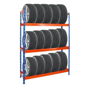 Стелаж для шин PROREGAL Tiger XL: 200x150x45 см, 300 кг навантаження, до 18 шин (205/55 R16), блакитно-помаранчевий | Стелаж для автосервісу, складу, підвалу