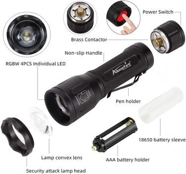 Alonefire X32 Багатофункціональний тактичний LED ліхтар 4-в-1: зелений, синій, білий, червоний, акумуляторний, з функцією зуму, комплект з батареєю та зарядкою, для полювання, туризму, поліції, військових, надзвичайних ситуацій
