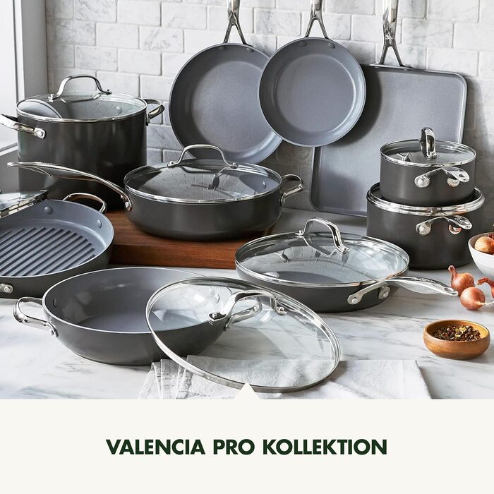 Набір сковорідок GreenPan Valencia Pro з антипригарним покриттям Hartelox, 20 см та 26 см, не містить PFAS, з нержавіючою ручкою, для індукційних плит, можна мити в посудомийній машині та використовувати в духовці, сірий колір