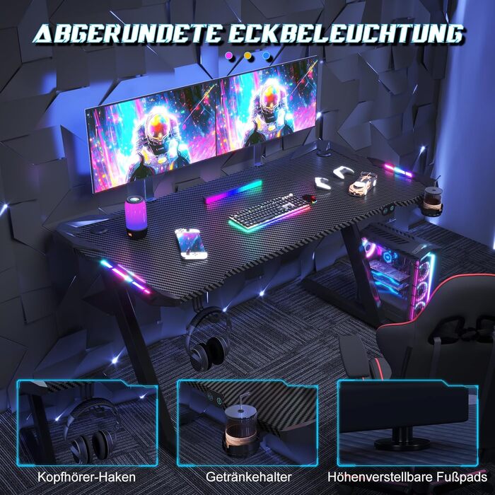 Ігровий стіл JUMMICO з RGB LED-підсвіткою, комп'ютерний стіл для геймерів та Home-office з тримачем для навушників та підстаканником, чорний (140 x 60 см)