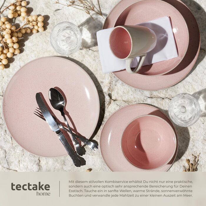 Набір посуду Tectake® 30 предметів для 6 осіб, керамічний посуд, ручної роботи, тарілки, миски та чашки, придатний для миття в посудомийній машині та використання в мікрохвильовій печі - Coral Blush