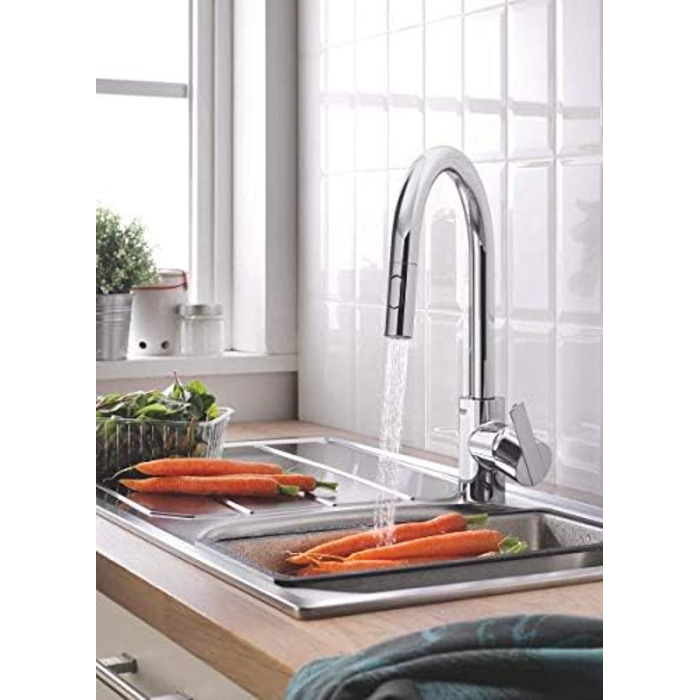 Змішувач кухонний GROHE Feel з висувним душем, 360° поворотний, економія води, хром (31486001)