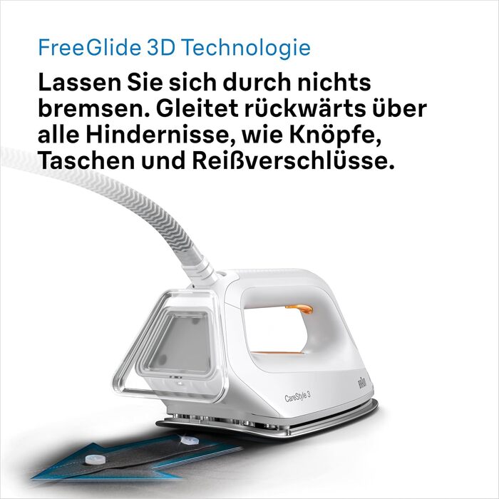 Парова станція Braun CareStyle 3 IS 3132 WH з підошвою FreeGlide 3D, тиск 6 бар, резервуар 2 л, 2400 Вт, білий/помаранчевий