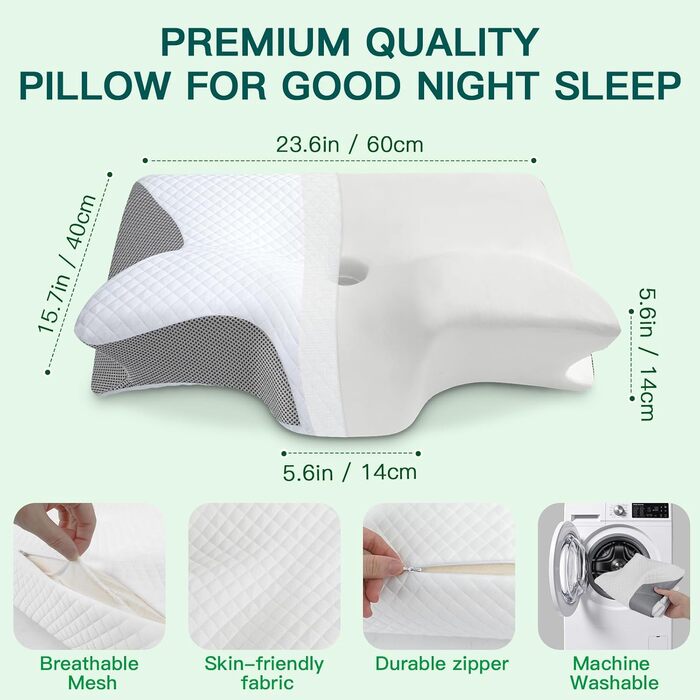 Подушка для шиї з піни Memory Foam 2-в-1, ергономічна, 60x40x12/14 см, сіра - для сну на спині, боці та животі