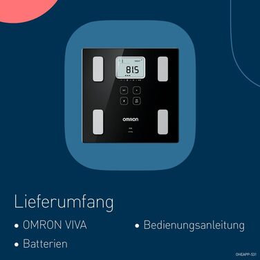 OMRON VIVA – розумні ваги-аналізатор складу тіла з Bluetooth, додатком, вимірюванням жиру, ваги, вісцерального жиру, м’язової маси, базального метаболізму та ІМТ; для 4 користувачів, тонометр з Bluetooth; рейтинг 'Добре' 10/24 від Stiftung Warentest