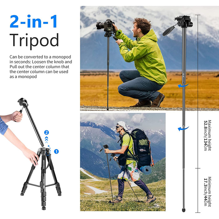 Neewer портативний штатив 177 см з алюмінію з 3D головкою для DSLR камер, чорний