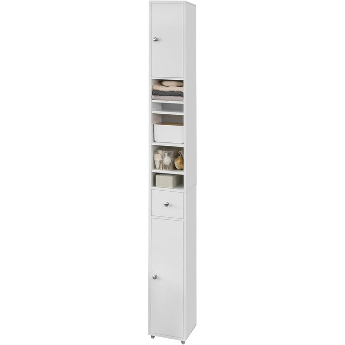 SoBuy BZR34-W Високий шафа для ванної з 5 полицями, 1 шухлядою та дверцятами, білий, 20x180x20 см