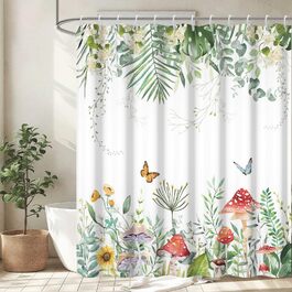 Штора для душу 180x220 см, Антигрибкова, з тропічним дизайном (пальмові листя, евкаліпт, гриби), водонепроникна, поліестер, для ванної кімнати, з 12 гачками, зелена