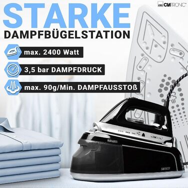 Парова прасувальна станція Clatronic DBS 3749, 2400 Вт, 3,5 бар, Superglide, резервуар 1,2 л, чорна, антикрапельна система