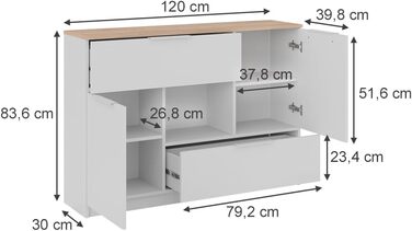 Комод Vicco Betti білий/дуб сонома 120x84 см, 2 двері, 2 шухляди, 1 відкрита полиця