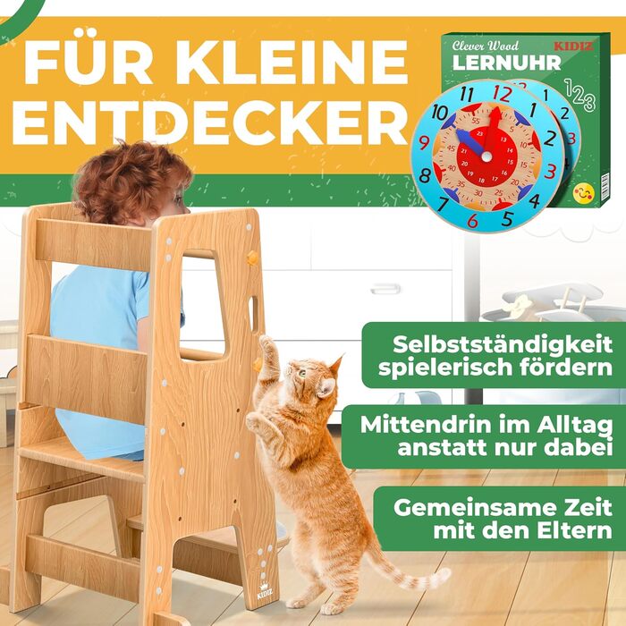 Дитяча помічниця кухня KIDIZ Montessori: регульований стілець-підставка з соснового дерева для дітей від 1 року, з навчальним годинником, витримує до 50 кг