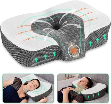 Ортопедична подушка Elviros з Memory Foam для сну, ергономічна, проти болю в шиї та хропіння, для бокового та шлункового сну, біла, 60x38.6x9.9/13.5 см