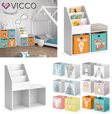 Дитяча книжкова полиця Vicco Luigi, біла, 72x79 см, з 2 складними коробами, малюнок Лисиця/Заєць