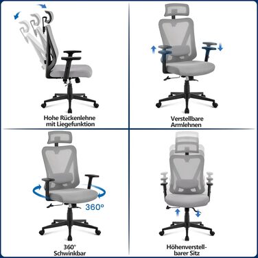 Ергономічне офісне крісло Yaheetech для комп'ютера з підголівником та підтримкою попереку, дихаюча сітка, S-подібна спинка, обертове (світло-сіре)