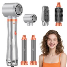 Мультистайлер для волосся 5-в-1 Faltbarer Airstyler: стайлер з ефектом Коанда, іонний фен-щітка та плойка (110 000 об/хв), складаний набір для укладки та подорожей, сріблясто-помаранчевий