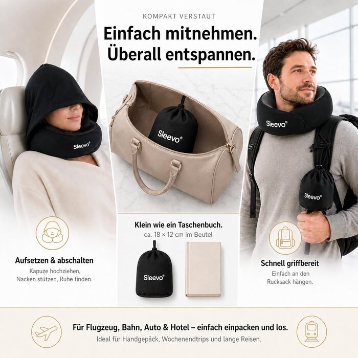 Ергономічна подушка для подорожей з ефектом пам'яті (Memory Foam) та капюшоном-маскою для сну, сіра (розмір M)