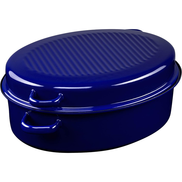 Овальна гусятниця Riess CLASSIC з кришкою, 6.5 л, емальована, 38 см, для індукції, синя зовні, чорна всередині