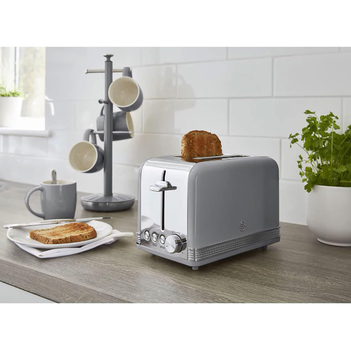 Тостер Swan Retro ST19010GRNEU на 2 скибки, широкий слот, вінтажний дизайн, 3 функції (розморожування, підігрів, скасування), 6 режимів, нержавіюча сталь, сірий, 815 Вт
