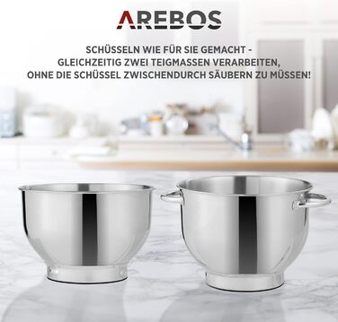 Кухонна машина Arebos 1500W чорного кольору | Міксер з 2 чашами з нержавіючої сталі 4.5 та 5.5L | Тиха робота | 6 швидкостей, набір насадок (крюк для тіста, вінчик, гак для збивання)