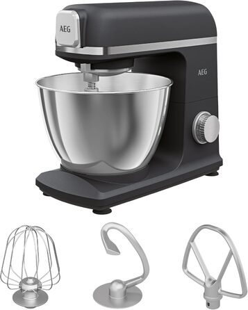 Кухонний комбайн AEG KM5-1-4BPT, 1200 Вт, 6 швидкостей, імпульсний режим, планетарне змішування, металева чаша 5 л, аксесуари, матовий чорний