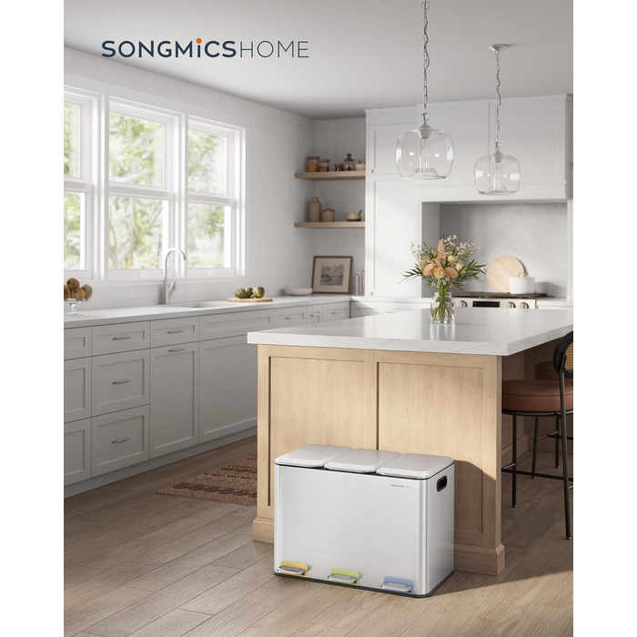 Сортувальний смітник SONGMICS HOME для кухні, 3×15 л, сталевий, з кольоровими педалями, кришками та внутрішніми відрами, металік