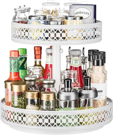 Дворівнева обертаюча полиця Lazy Susan для спецій і зберігання, металева, 30,5 см, біла, для кухні, шафи, столу, косметики, регульована