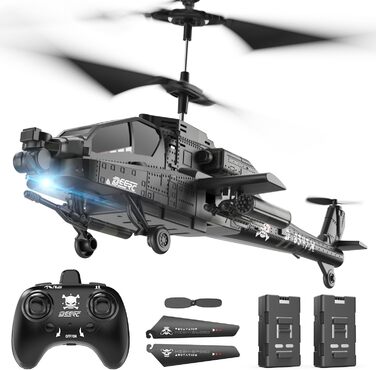 Радіокерований вертоліт DEERC Apache 2.4GHz, 2 акумулятори, 26 хв польоту, LED, стабілізація висоти, автоматичний зліт, чорний – ідеальний подарунок для хлопчиків