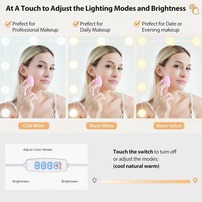 Трюмо з LED-підсвічуванням та пуфом ANWBROAD BDT74W, з дзеркалом, розетками та 5 шухлядами, сучасний білий колір