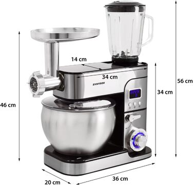 Кухонна машина Syntrox Germany Glumya 7 л, м'ясорубка, 1300 Вт, нержавіюча сталь, аксесуари для тіста й кремів, LED-дисплей, таймер, чорна