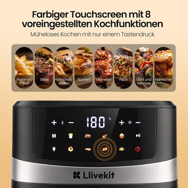 Аерофритюрниця LLIVEKIT 8-в-1 з вікном та підсвіткою, 7л, чорно-срібляста — енергоефективна мультипіч для здорового приготування без олії