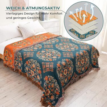 HOORDRY плед з бавовни двосторонній Boho, покривало з китицями 230×250 см, м'яка тепла ковдра для дивану, ліжка чи крісла, зелено-оранжева