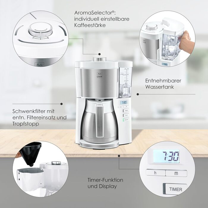 Кавоварка Melitta Look Therm Timer з термокувшином, таймером і захистом від капання, біла, модель 1025-17, для фільтр-кави