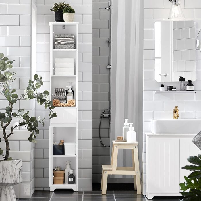 SoBuy BZR110-W шафа для білизни з висувним кошиком і шухлядою, білий, 40x86x39 см, меблі для ванної кімнати