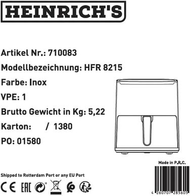 Аерофритюрниця HEINRICHS XXL 9L 10-в-1 з LED-дисплеєм та сенсорним керуванням, потужність 1800W, кошик, що миється в посудомийній машині