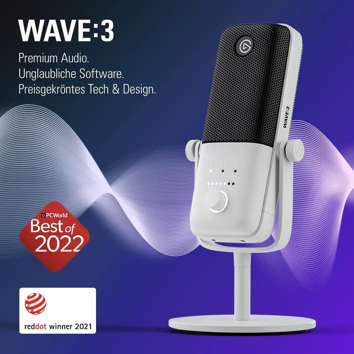 Elgato Wave:3 Білий – професійний USB конденсаторний мікрофон для стрімінгу, подкастів, геймінгу та домашнього офісу, з безкоштовним мікшуванням, ефектами, захистом від спотворень, Plug & Play, для Mac/PC